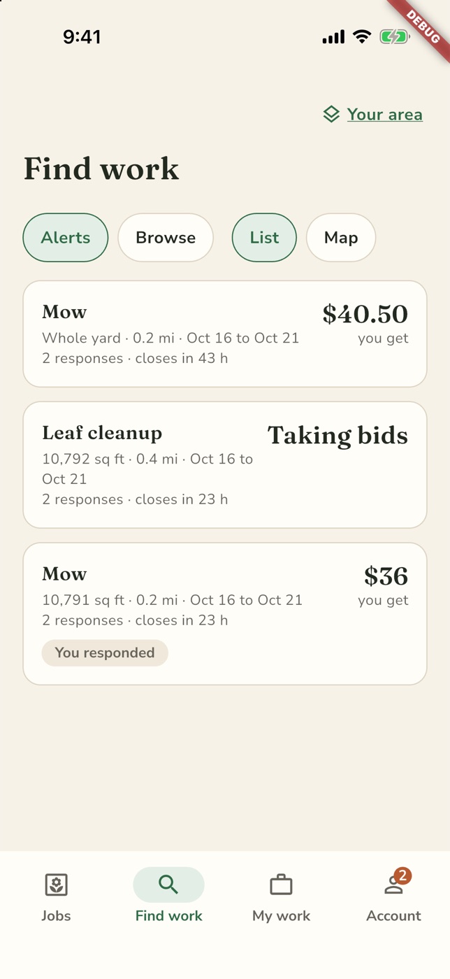The Find work list showing a mow paying $40.50 and a leaf cleanup taking bids