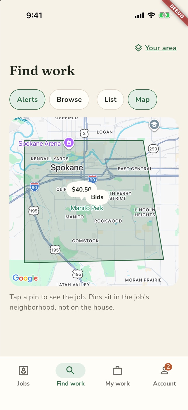 The Find work map: a worker's zone drawn over south Spokane with job pins