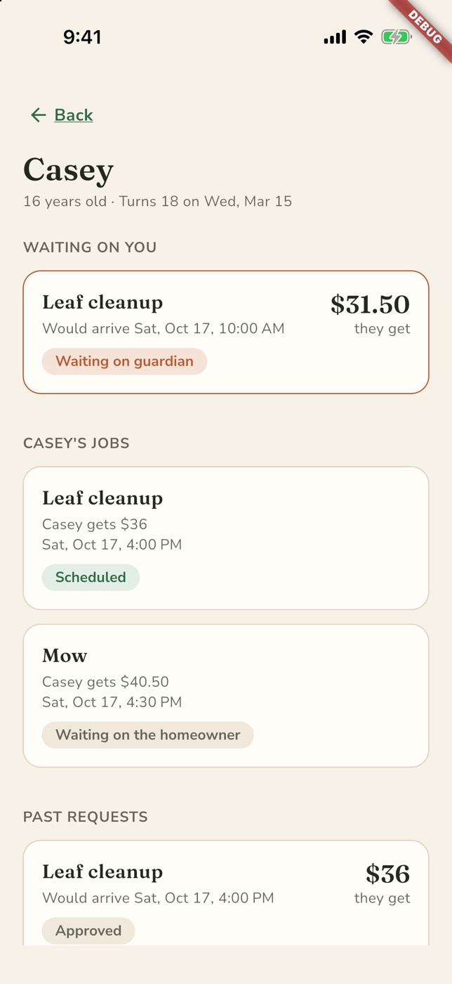 The guardian's view of Casey, 16: one job waiting on approval and Casey's scheduled jobs