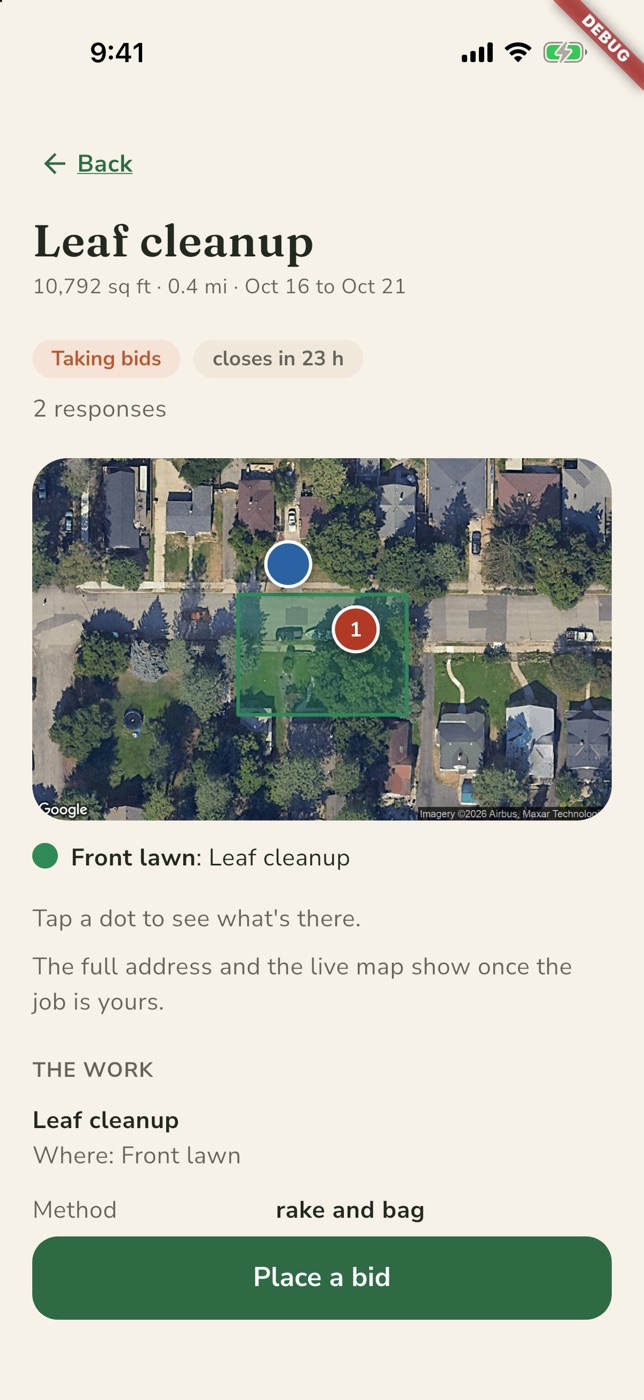 A leaf cleanup job in the app: a satellite view of the yard with the front lawn outlined in green and a numbered hazard pin