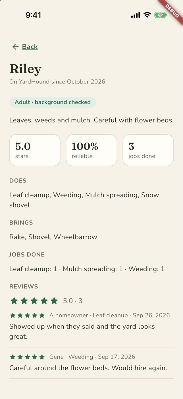 A worker's profile in the app: background checked, 5.0 stars, 100% reliable, 3 jobs done, with reviews